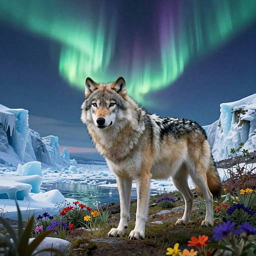 Majestic Arctic Wolf Under Auroral Sky