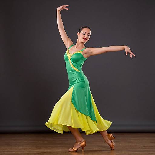 Photograph of a slender, dark-haired ballerina in a green and yellow dress, mid-dance pose, arms extended, wearing brown heels,