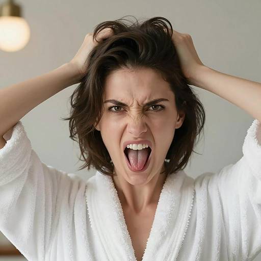 Angry Woman in White Bathrobe