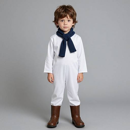 Photograph of a young boy with brown hair, wearing a white outfit, navy scarf, and brown boots, standing against a plain gray background.
