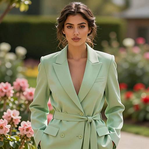 Woman in Light Green Belted Blazer in Garden