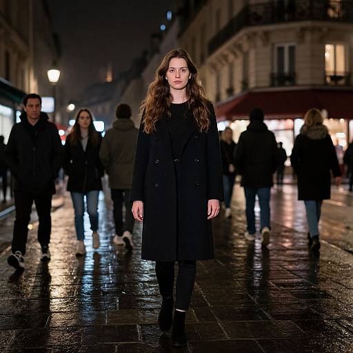 Photograph of a woman with long brown hair, wearing a black coat, walking confidently on a wet, reflective, nighttime city street. Blurred pedestrians