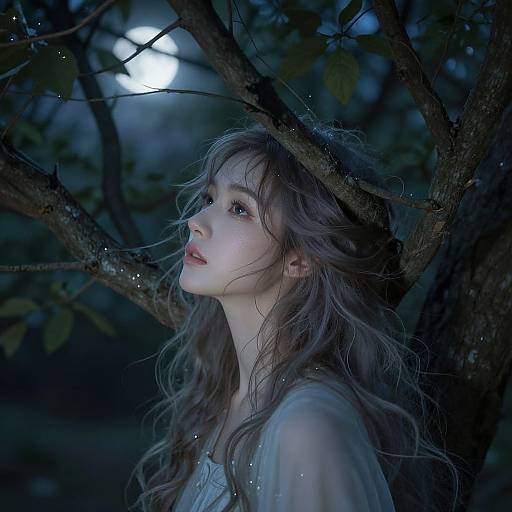 Ethereal Woman in Moonlit Forest