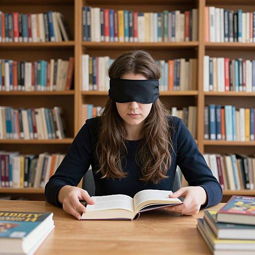 Photograph of a blindfolded woman with long brown hair, wearing a black long-sleeve shirt, reading a book at a wooden library table
