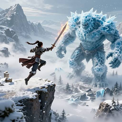 Warrior Girl Attacking Ice Golem on Snowy Cliff