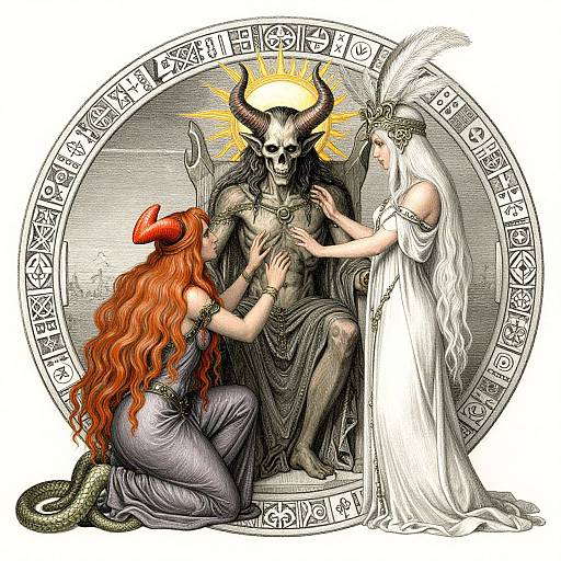 Digital illustration of two women and a horned, skeletal figure with a golden halo. One woman with red hair and horns caresses the chest, while