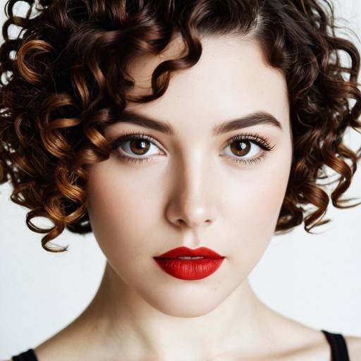 Portrait of Young Woman with Curly Bob and Red Lips