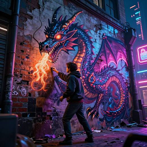 Cyberpunk street graffiti: a person in dark clothes summons fire from a vibrant, neon-lit dragon mural on a brick wall at night.