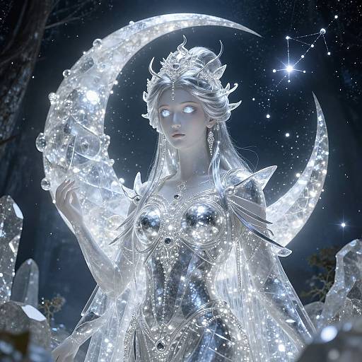 Photorealistic digital artwork of a glowing, ethereal woman with luminescent blue eyes, adorned with crystalline armor and a crescent moon,