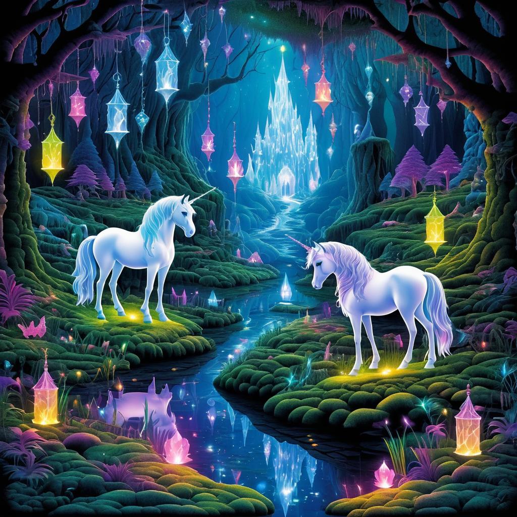 Enchanted Unicorns in a Crystal Cave