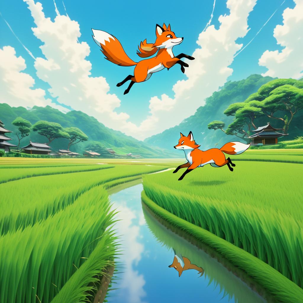 Whimsical Fox Spirit Above Rice Paddy