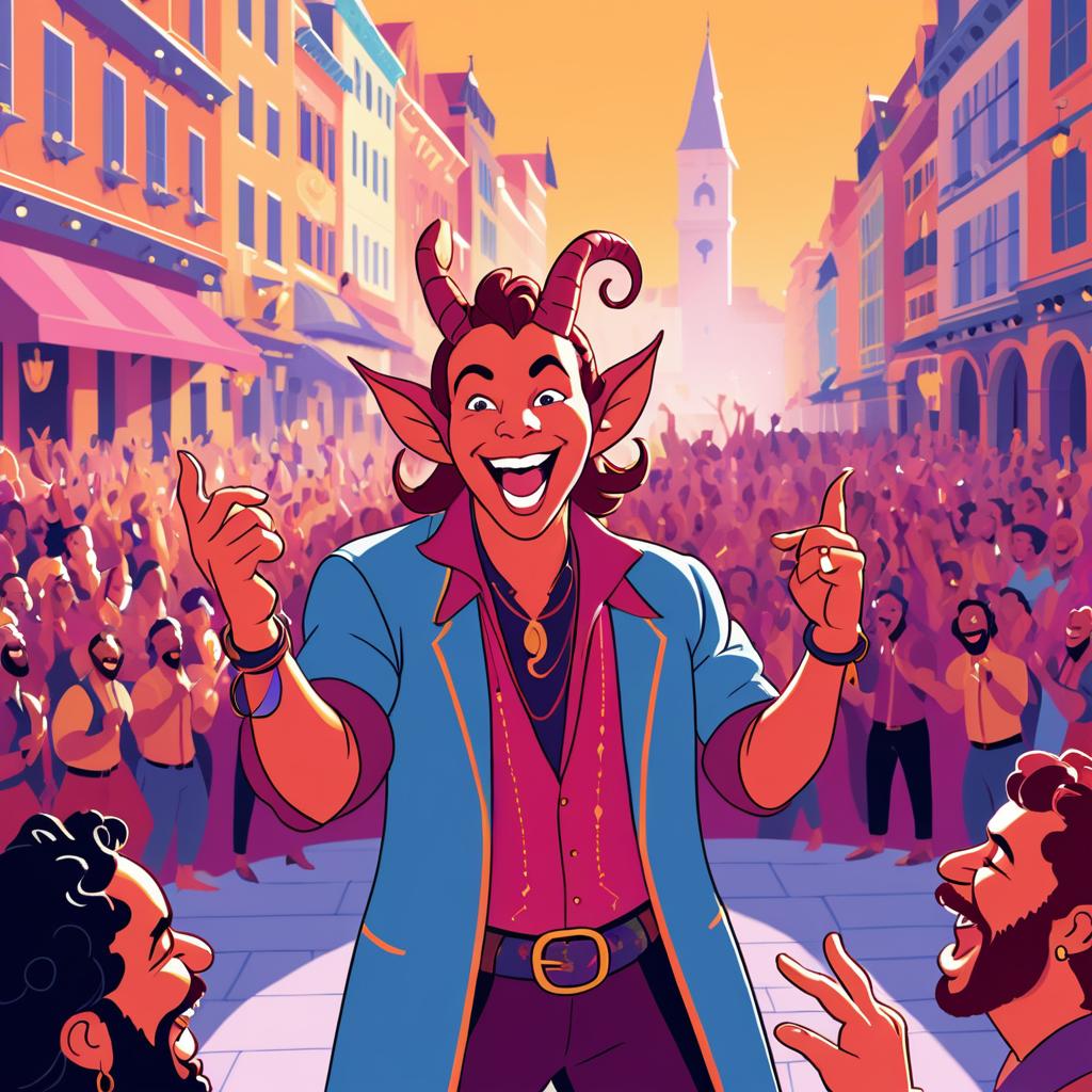 Cheerful Tiefling in Comedy Show Scene