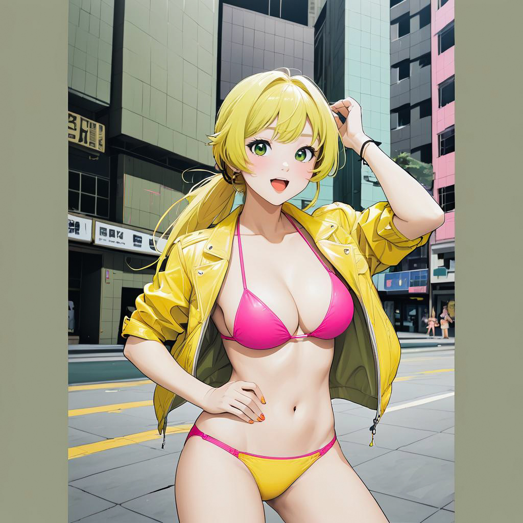 Excited Anime Cosplayer in Pink Bikini