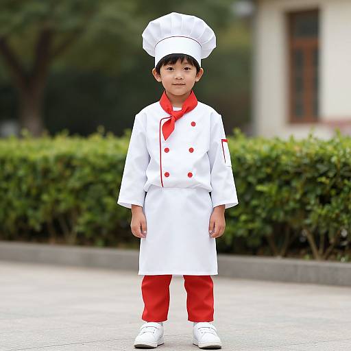 Photograph of a young Asian boy in a white chef's uniform with red accents, standing outdoors on a paved path.