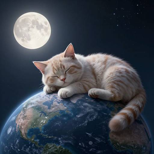Digital artwork: Orange tabby cat with closed eyes sleeps on a detailed planet, illuminated by a bright full moon in a starry night sky.