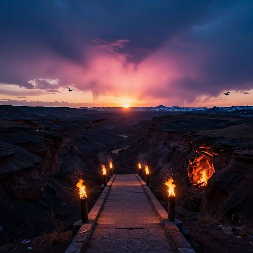 Photograph of a stone pathway at dusk, flanked by fiery torches, leading to a dramatic, colorful sunset over a mountainous landscape with two