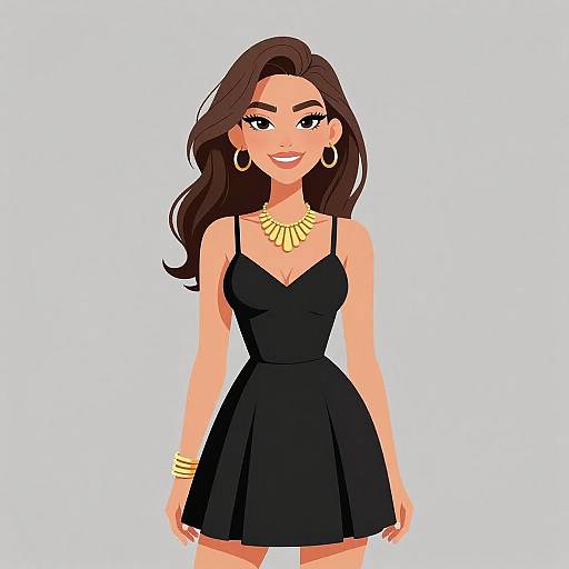 Digital illustration of a smiling woman with long brown hair, wearing a black dress, gold necklace, earrings, and bracelets, against a white background.
