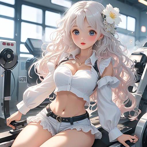 Anime-style digital artwork of a cute, blonde, blue-eyed girl with white flower in hair, wearing a white crop top and shorts, seated on a