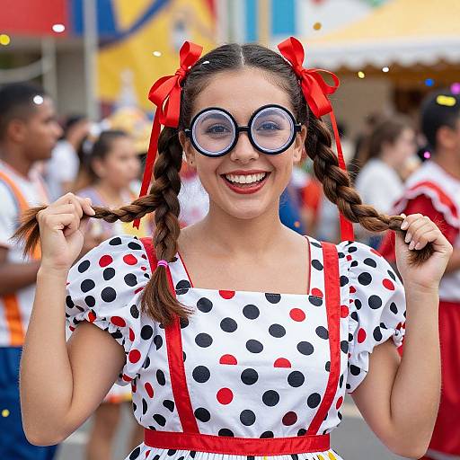 Photograph of a smiling girl with brown braids, red bows, round glasses, and a white polka dot dress with red suspenders, holding