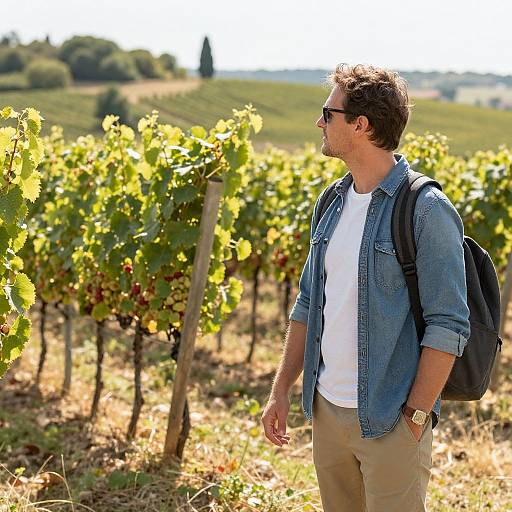 Photograph of a man with short brown hair, wearing sunglasses, denim shirt, white t-shirt, beige pants, black backpack, standing in a sun