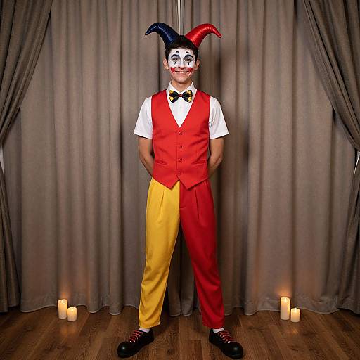 Photograph of a person in a jester costume with black and red hat, red vest, yellow pants, white shirt, black shoes, standing against