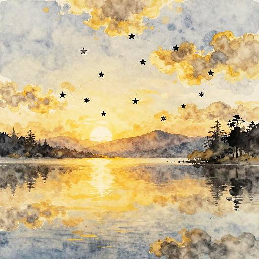Watercolor painting of a serene sunset over a reflective lake, with silhouetted trees, mountains, and seven black stars in the glowing, orange