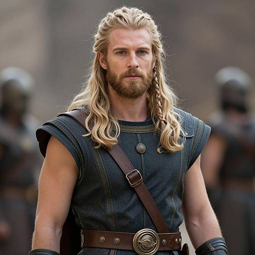 Photograph of a muscular, blonde-haired man with a braided beard, wearing a dark blue, sleeveless, leather tunic, and brown belt