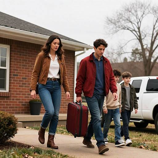Family Gathering Outside a Brick House