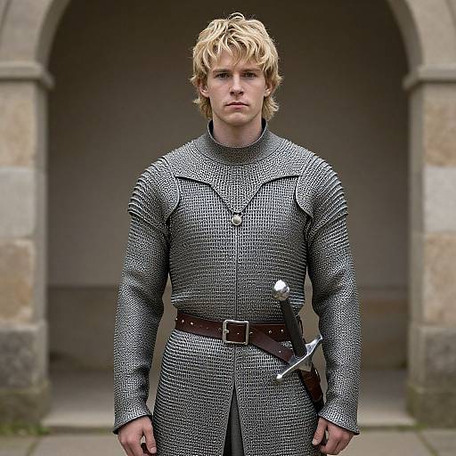 Photograph of a blond, serious-looking young man in a medieval-style, silver chainmail tunic with a brown belt, standing in front of a