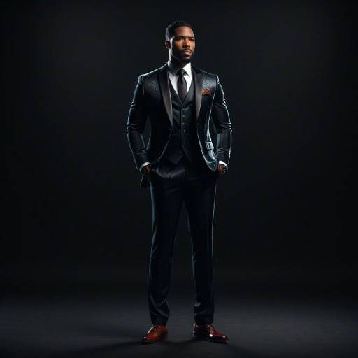 Photograph of a muscular Black man with short hair, wearing a sharp black suit, white shirt, black tie, and pocket square, standing confidently against