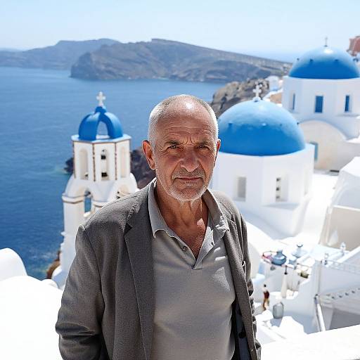 Photograph of a bald, older man with a gray beard, wearing a gray suit over a white shirt, standing in front of blue-domed white