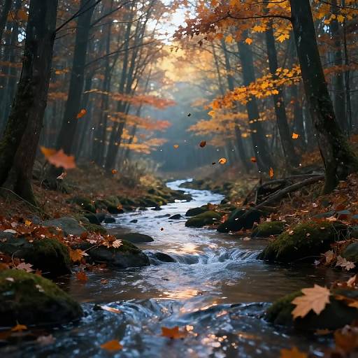 Photograph of a serene autumn forest stream, with sunlight filtering through orange and yellow leaves, and falling leaves floating on the water.