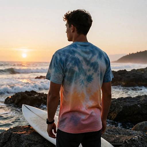 Surfer in Tie-Dye Shirt at Rocky Coastline Sunset