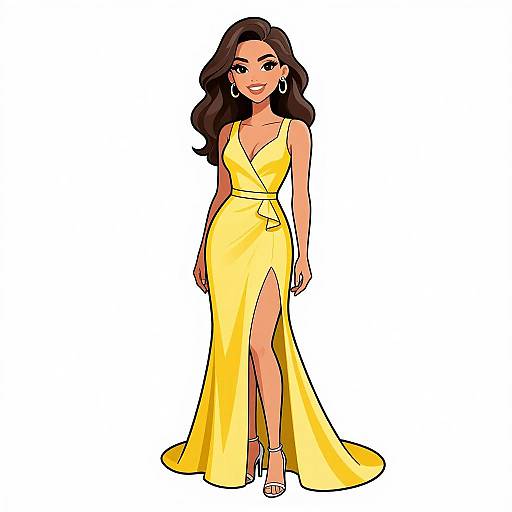 Digital illustration of a smiling woman with long brown hair, wearing a yellow, V-neck, thigh-high slit evening gown and silver high heels.