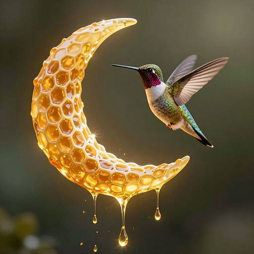 Photograph of a vibrant hummingbird with iridescent green and purple feathers hovering near a glowing honeycomb crescent moon, with honey dripping from its