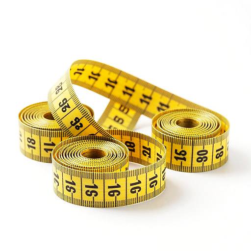 Photograph of three yellow measuring tape rolls with black markings, coiled and intertwined, against a white background.