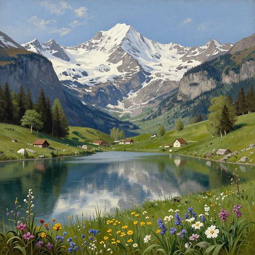 Photograph of a serene mountain lake with snow-capped peaks, reflecting vibrant wildflowers, green meadows, and small red and white cabins.