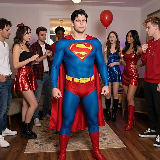 Photograph of a man in a Superman costume standing in a living room with six people in superhero-themed costumes, red balloons, and wooden flooring.