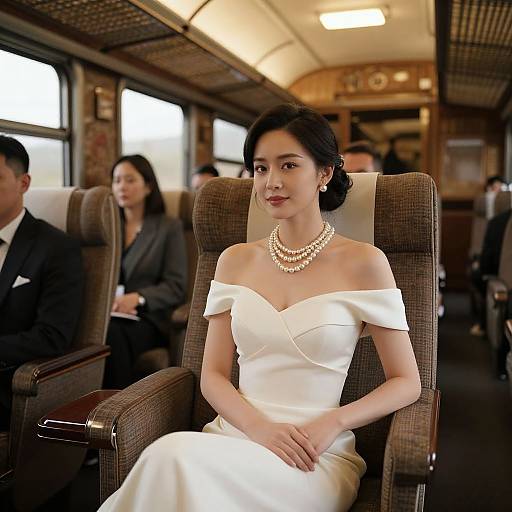 Photograph of an elegant Asian woman in a white off-shoulder wedding dress, pearl necklace, seated in a luxurious train carriage.