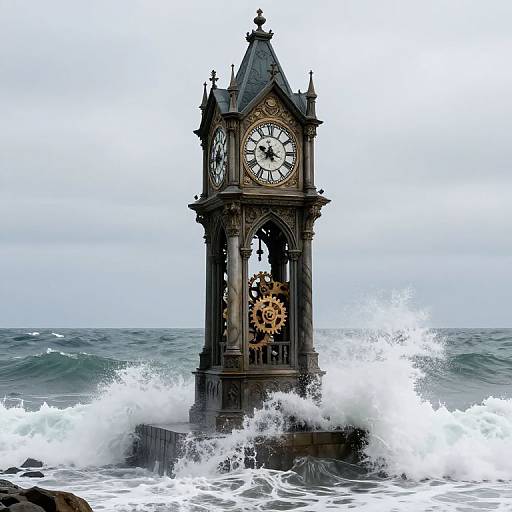 Photograph of a Victorian-style clock tower with ornate gold clock face and gears, partially submerged in crashing ocean waves.