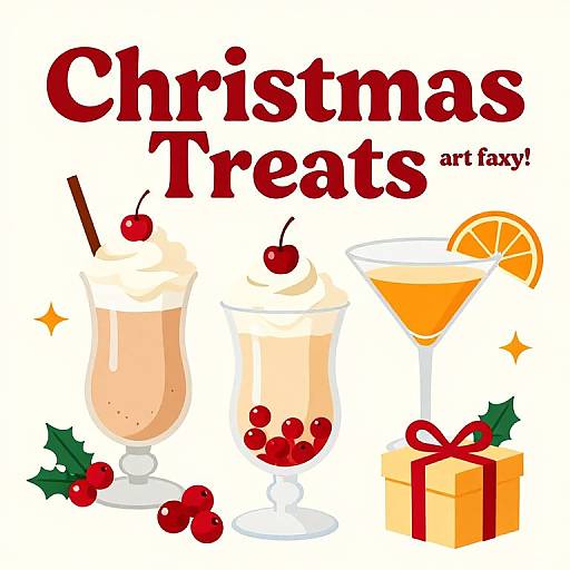 Digital illustration of festive Christmas treats: two topped drinks with cherries, a martini with orange slice, and a gift box. Text reads 