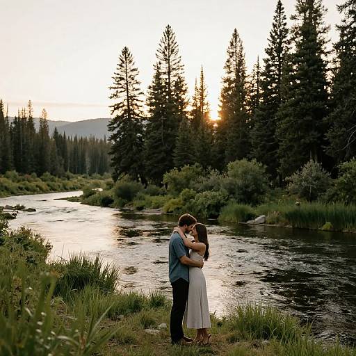 Photograph of a couple kissing by a serene river at sunset, surrounded by tall pine trees and lush greenery.