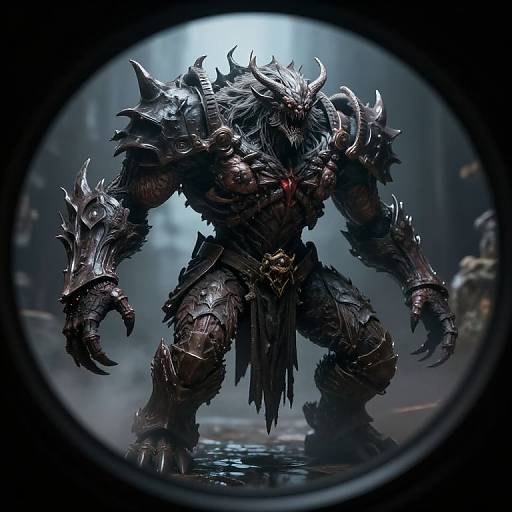 CGI fantasy image of a menacing, armored, humanoid creature with sharp spikes, glowing red eyes, and dark, tattered clothing, viewed through a