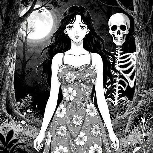 Black-and-white manga-style drawing of a young woman in a floral dress, standing in a dark forest with a ghostly skeleton behind her, under a