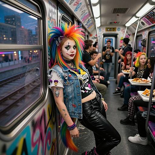 Photograph of a rainbow-haired punk girl in a denim vest and leather pants, standing in a colorful, graffiti-covered subway car filled with goth and