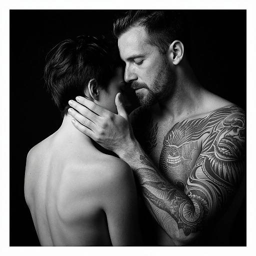 Black-and-white photograph of a muscular, tattooed man gently touching the back of a shirtless, younger man's neck in a tender, intimate moment