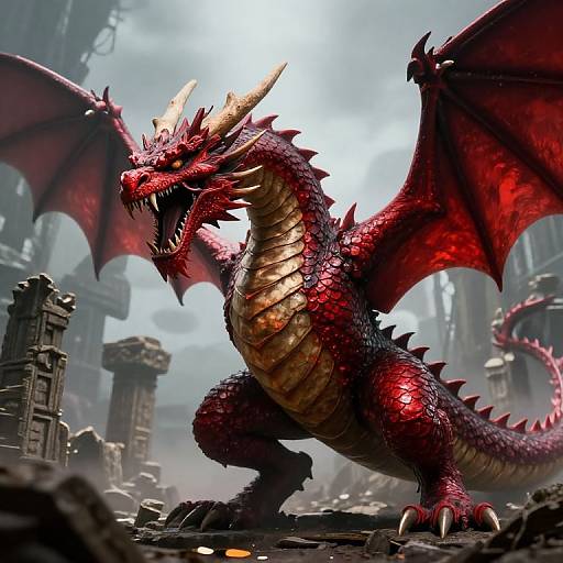 Digital artwork of a fierce, red-scaled dragon with golden underbelly, large wings, and sharp horns, roaring in a ruined, foggy