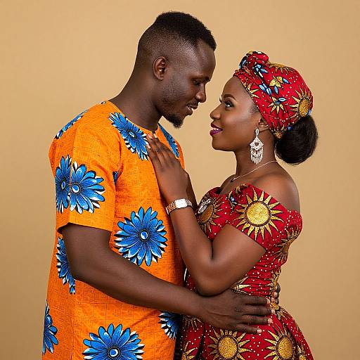 Photograph of a Black couple against a beige background. The man wears an orange shirt with blue floral patterns, and the woman wears a red dress with