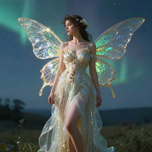Photograph of a fairy woman with glowing, iridescent wings and a shimmering, golden gown, standing in a twilight field under the Northern Lights