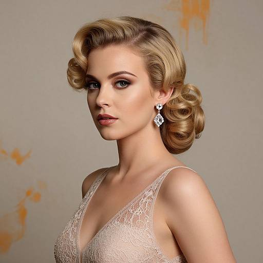 Photograph of a blonde, fair-skinned woman with vintage-style, curled hair, wearing a white lace dress and intricate star-shaped earrings, against a